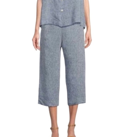 Bryn Walker Linen Straight Leg Pull On Comfort Wide Leg Cropped Pants Blue Sz M - Picture 9 of 9
